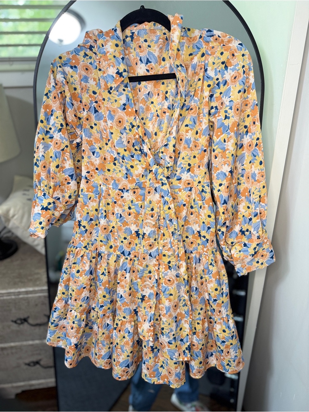 Yellow Blue Floral Tiered Mini Dress V-Neck Tie Front - Fits XS/S